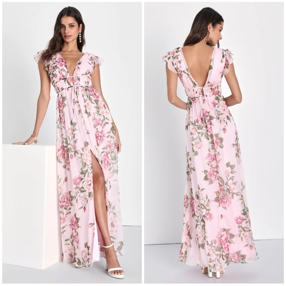 Lulus impression pink floral print ruffled maxi dress